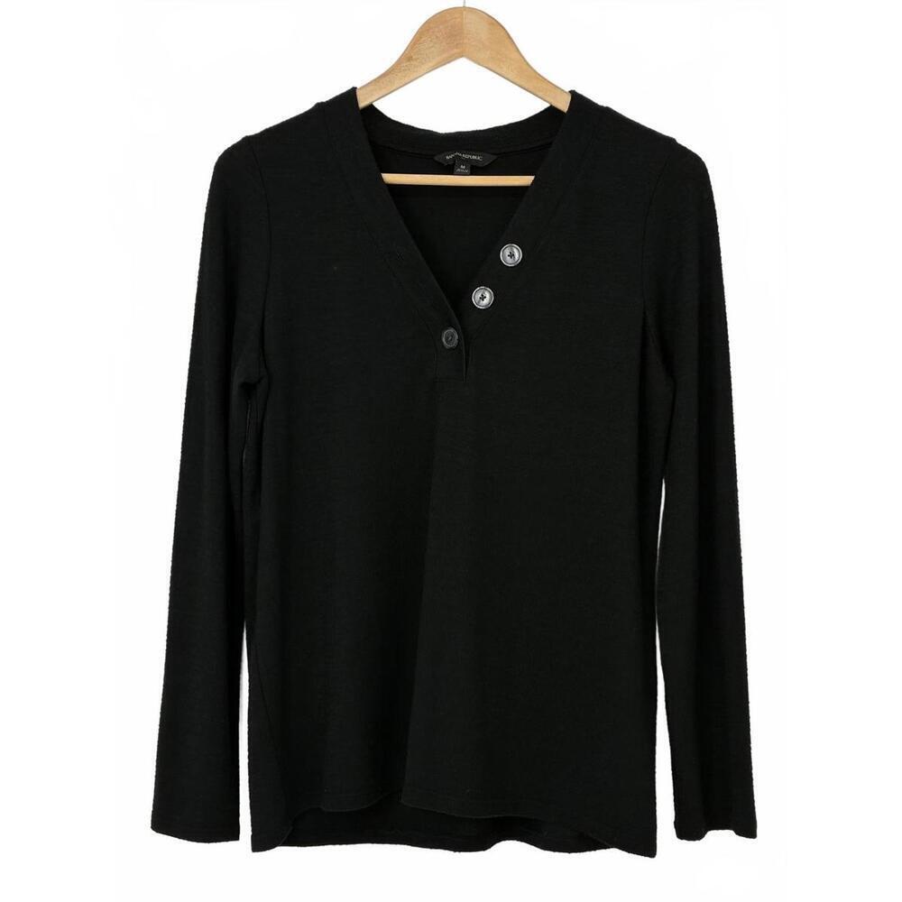 Banana Republic Black Long Sleeve Button Detail V-Neck Top Medium